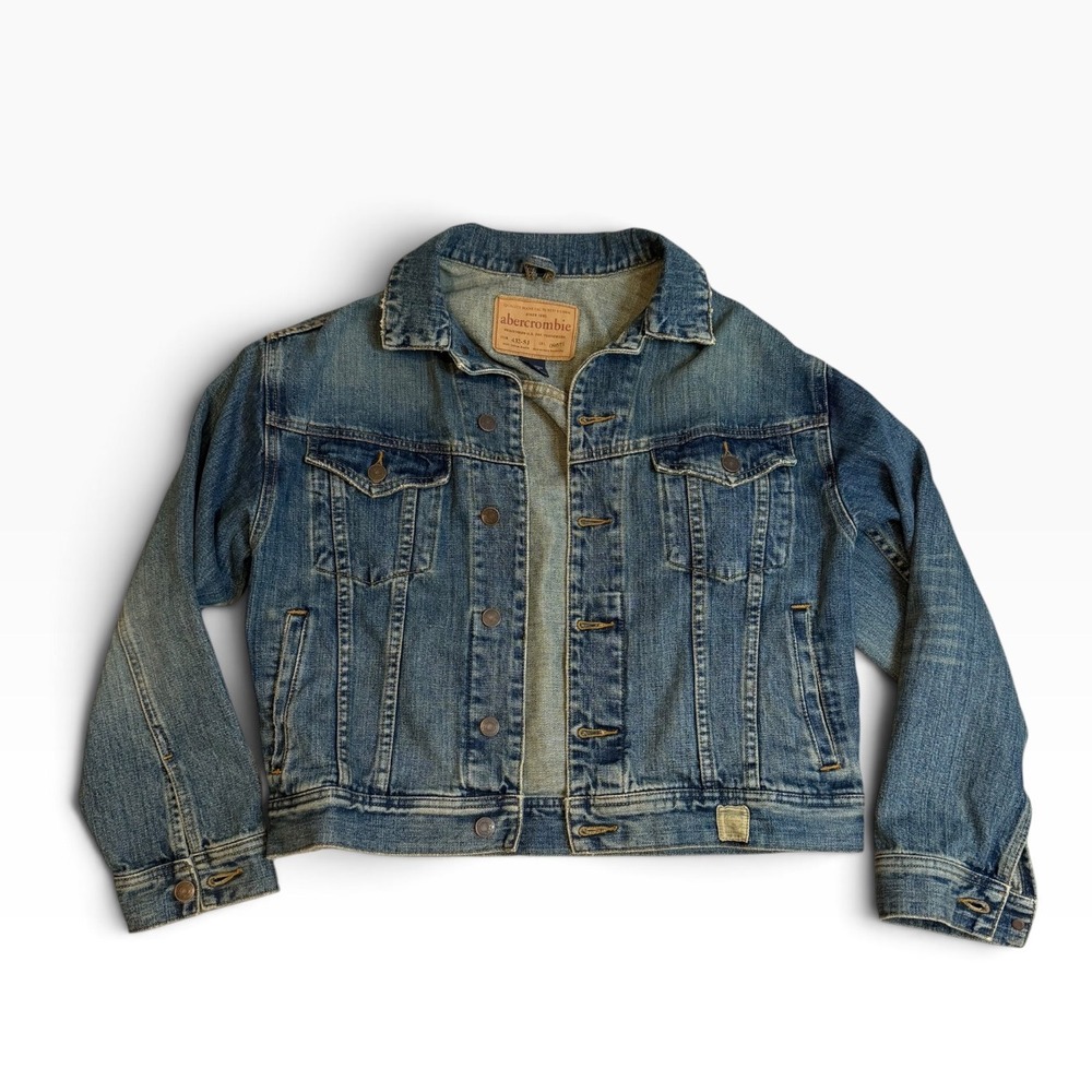 Abercrombie Vintage Y2K Distressed Denim Trucker Jacket Large Blue 100% Cotton
